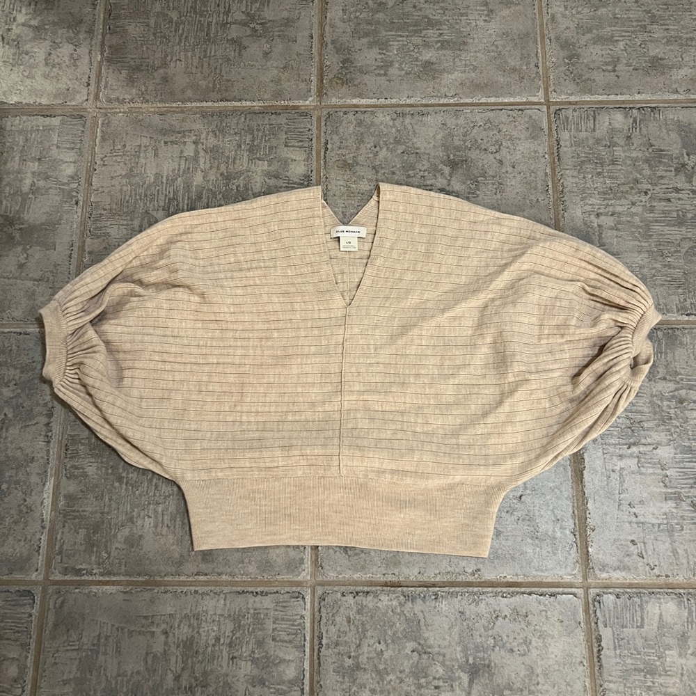 Club Monaco Neutral Beige Ribbed V-Neck Dolman Sweater